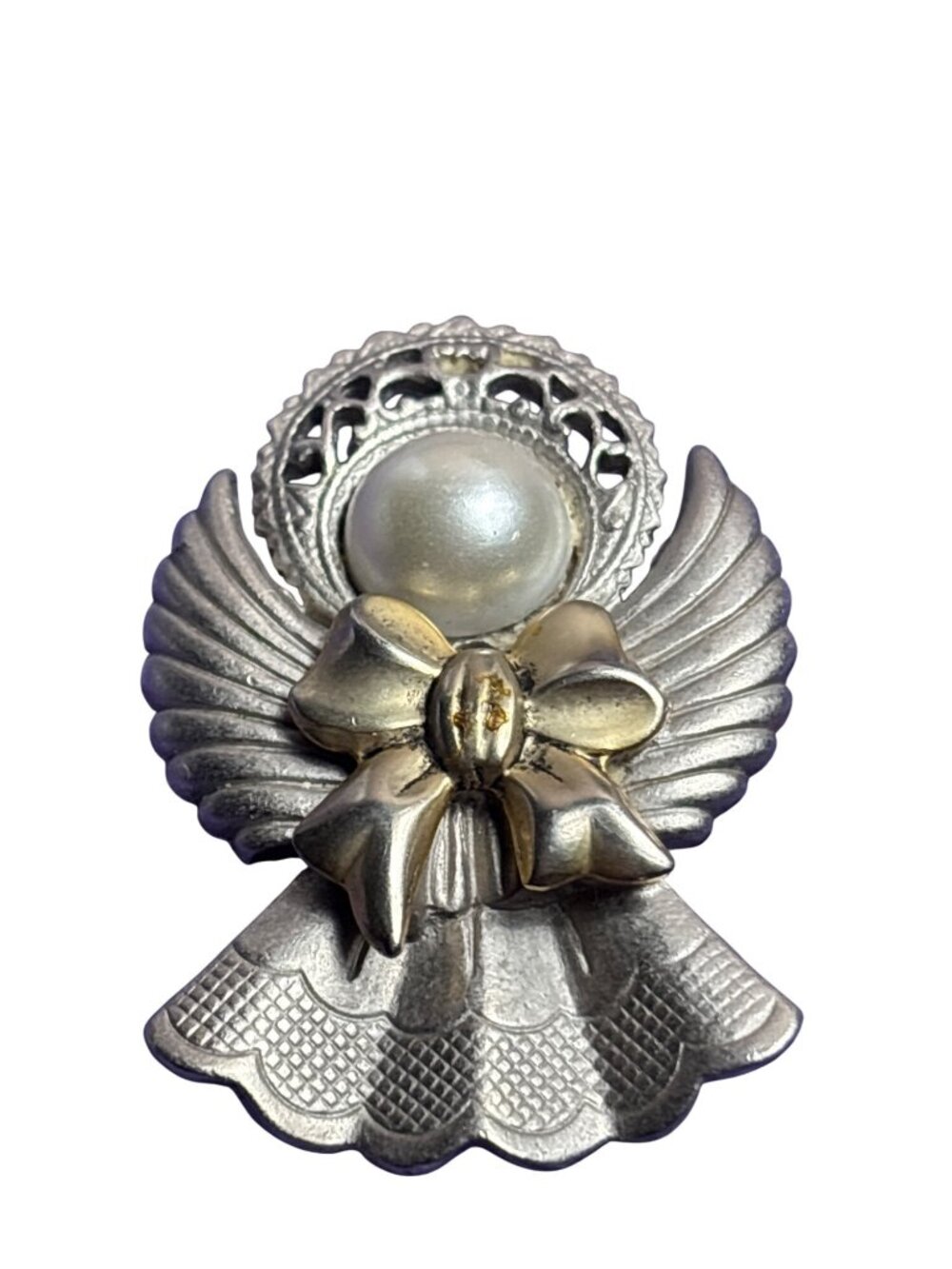 Vintage 80s Jac Win Design Angel Silvertone Goldtone Faux Pearl Cabochon 2 inch